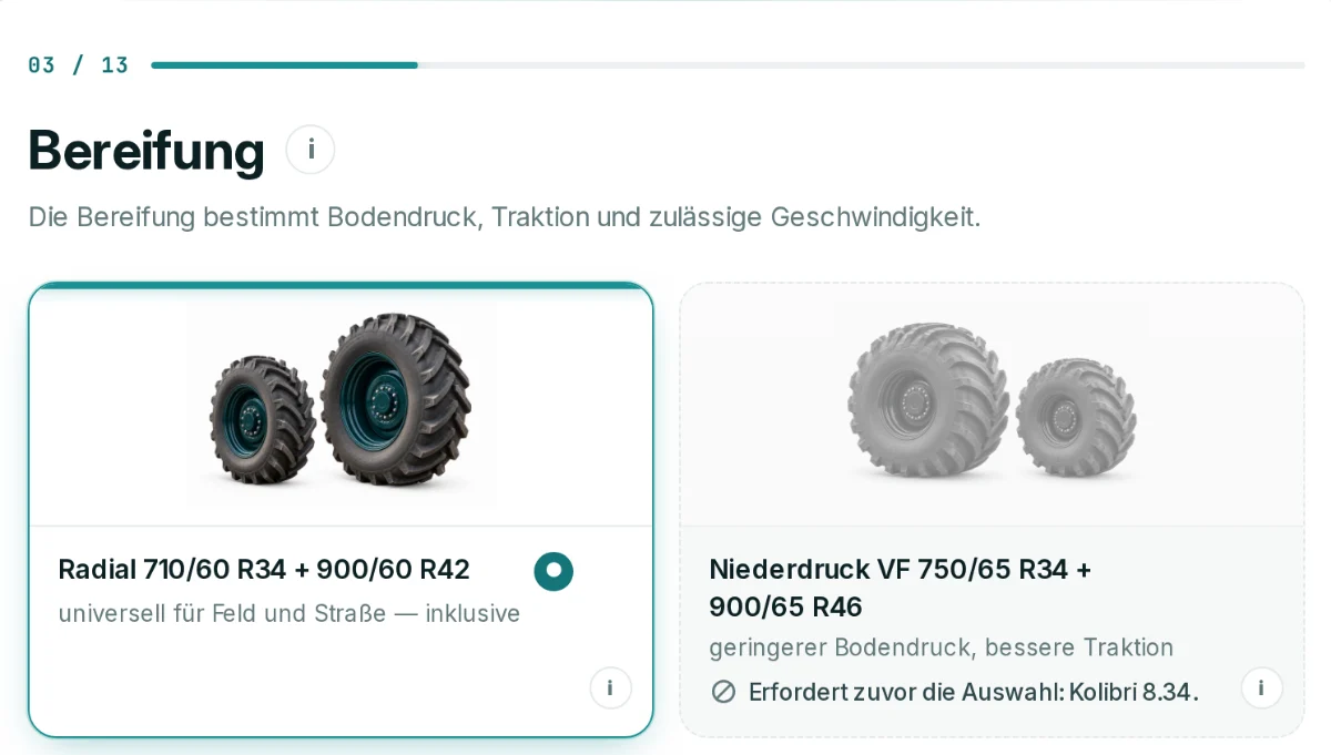 JAPRIVIO-Konfigurator mit der Demomaschine KOLIBRI 8, Schritt „Bereifung“: eine gewählte Bereifungsoption und eine durch eine Regel gesperrte Option mit dem Hinweis, welche vorherige Auswahl sie voraussetzt.