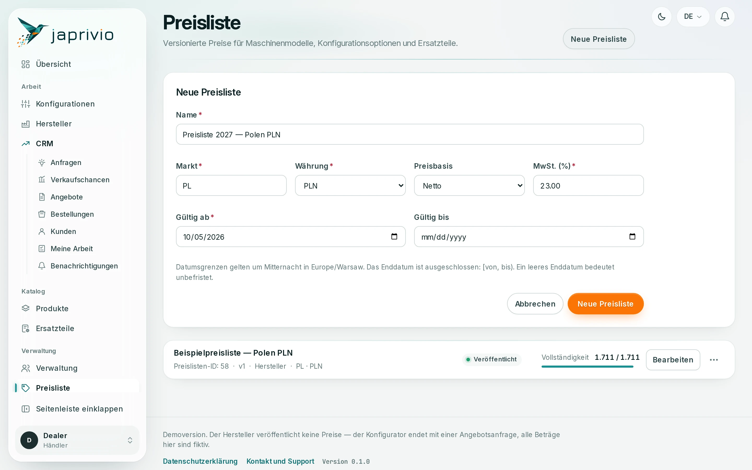 Modul „Preisliste“ in JAPRIVIO mit Beispieldaten: Formular für eine neue Preisliste mit Name, Markt, Währung, Preisart, MwSt. und Gültigkeitszeitraum sowie eine veröffentlichte Beispielpreisliste in Version v1, dem Hersteller zugeordnet, mit Vollständigkeitsbalken.