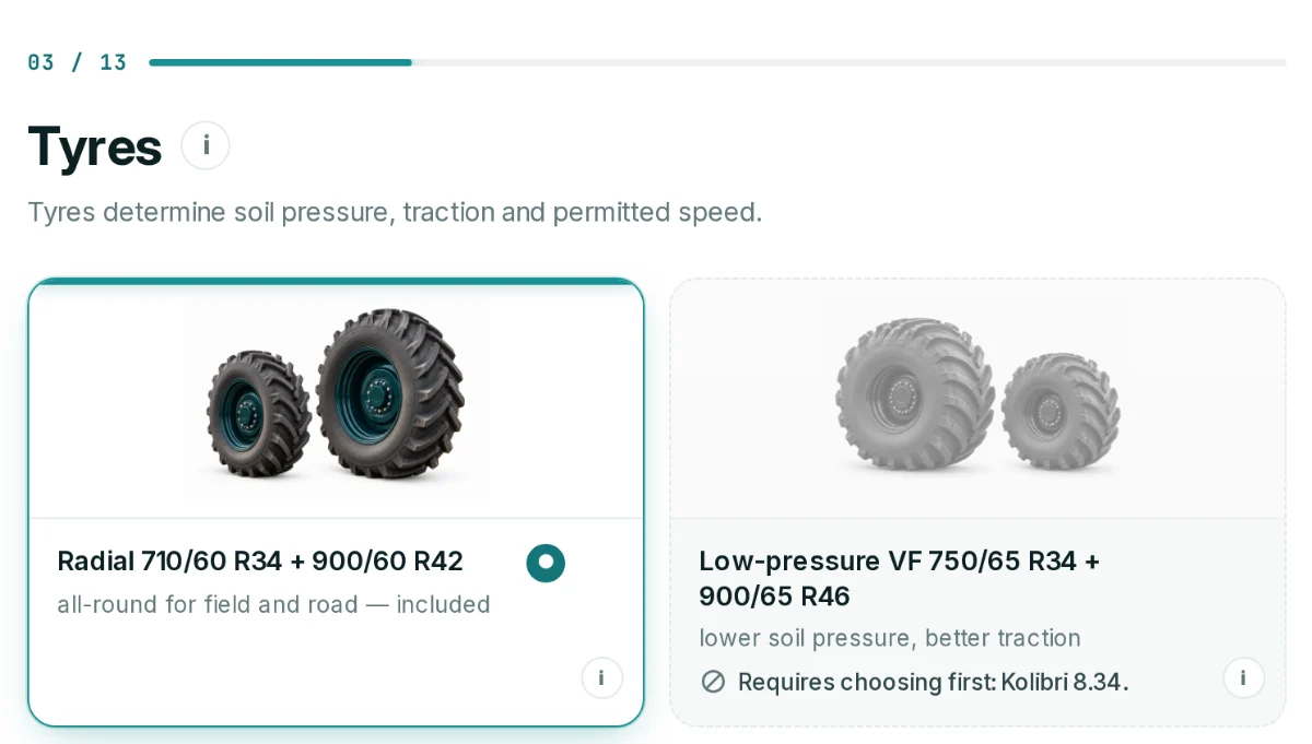 Configuratore JAPRIVIO per la macchina demo KOLIBRI 8, passaggio «Pneumatici»: l’opzione di pneumatici selezionata e un’opzione bloccata da una regola, con l’indicazione della scelta precedente richiesta.