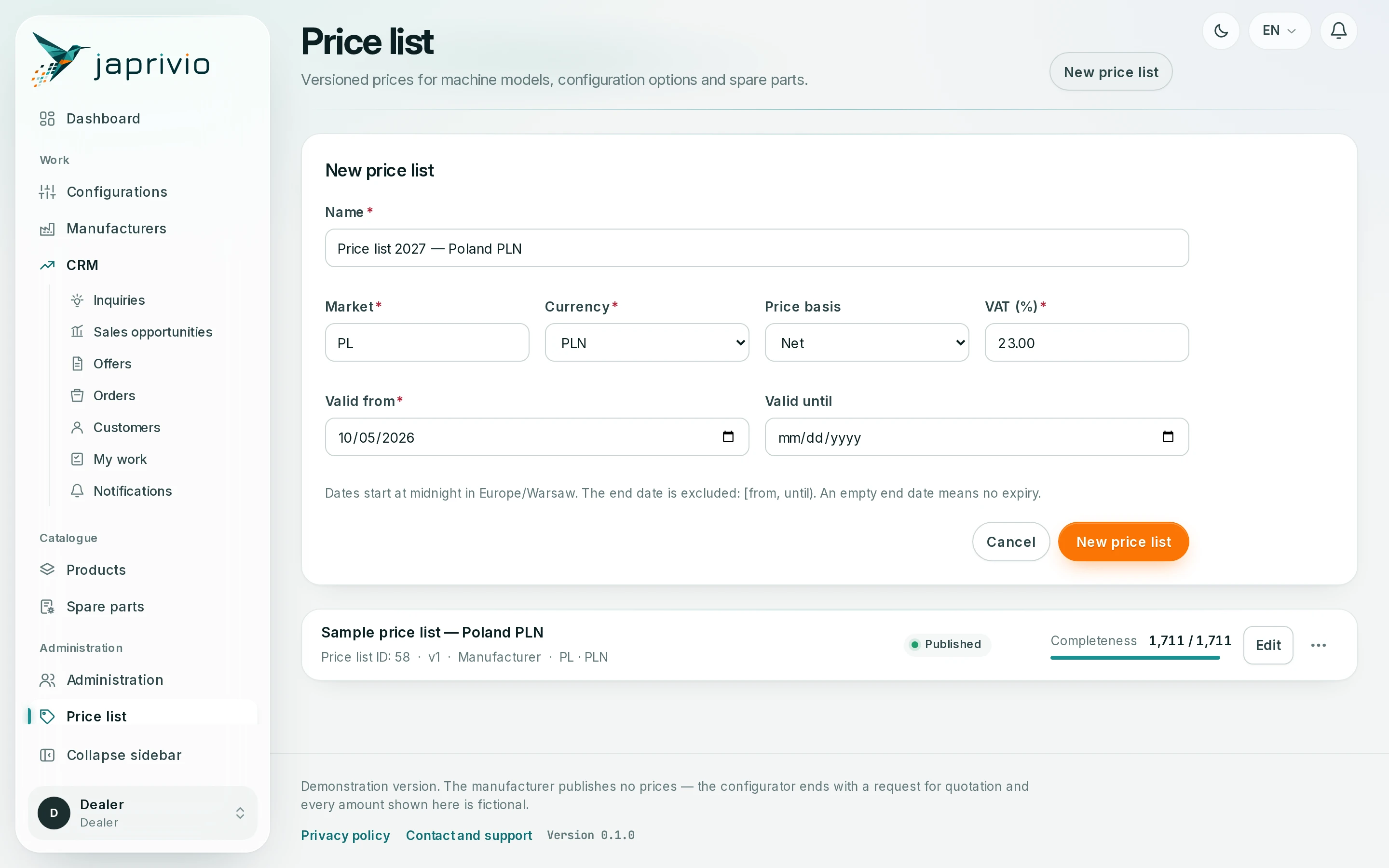 Le module « Tarif » dans JAPRIVIO avec des données d’exemple : formulaire de nouveau tarif avec nom, marché, devise, mode de prix, TVA et période de validité, et un tarif d’exemple publié en version v1, attribué au fabricant, avec une barre de complétude.