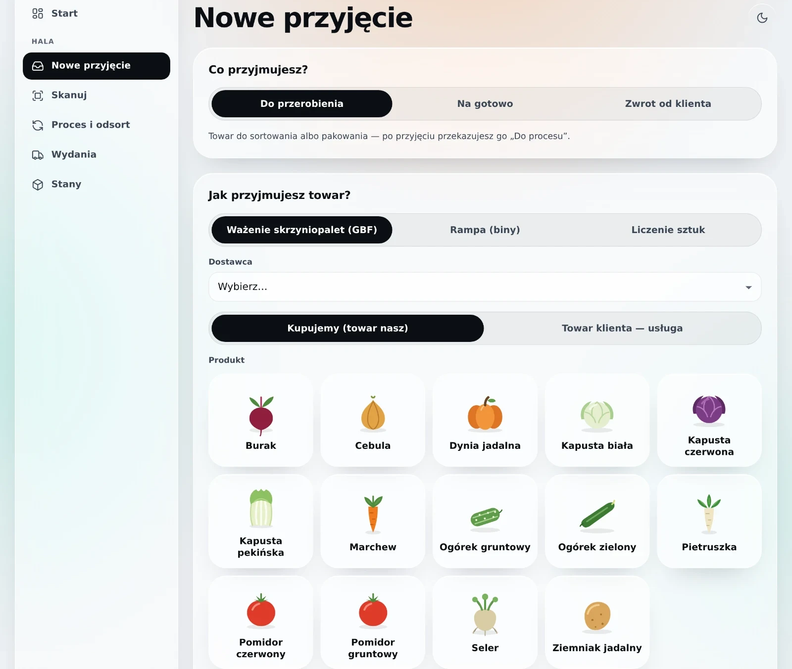 Bildschirm „Neue Annahme“ in der Hallen-App von JAPRIVIO Fresh: Auswahl von Annahmeart, Annahmeverfahren, Lieferant und Produkt