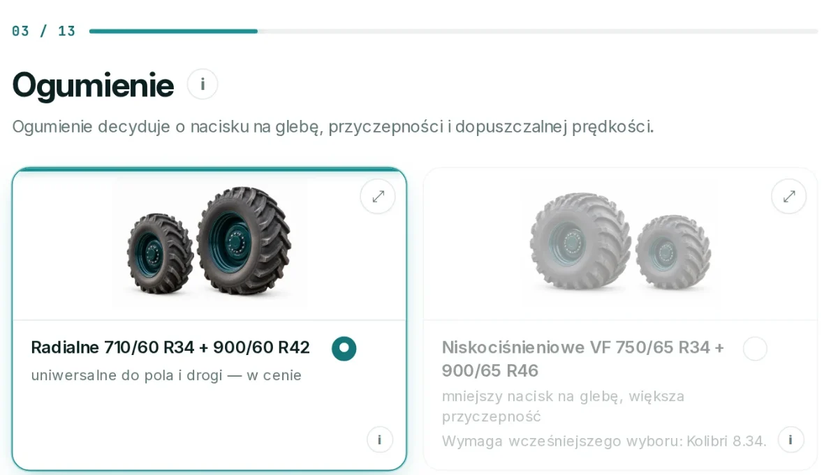 Konfigurator JAPRIVIO na demo maszyny KOLIBRI 8, krok „Ogumienie”: wybrana opcja ogumienia i opcja zablokowana regułą z informacją, jakiego wcześniejszego wyboru wymaga.